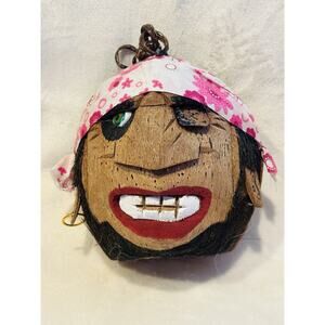 VTG Hand Carved Coconut Pirate Head Black Beard Eye Patch Tiki Bar Decor Hang